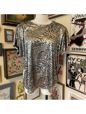 80s Vintage Jeri Marque Gold & Black Metallic Tiger Print Top OSFM